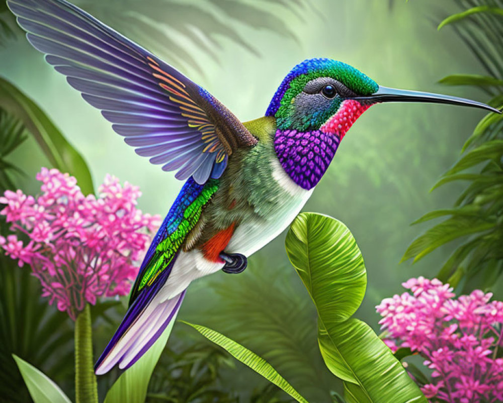 Colorful hummingbird in lush greenery and pink flowers