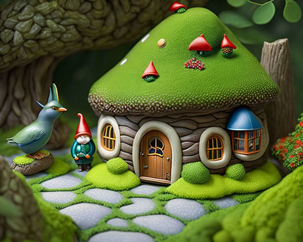 Illustration of fairy-tale house with mossy roof, round door, gnome, and bird.