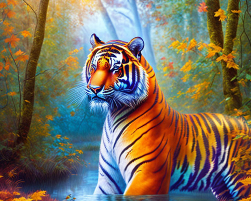 Colorful Tiger Rests in Autumn Forest by Water Body