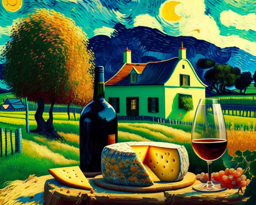 Colorful Van Gogh-style painting of cheese board and wine on wooden table