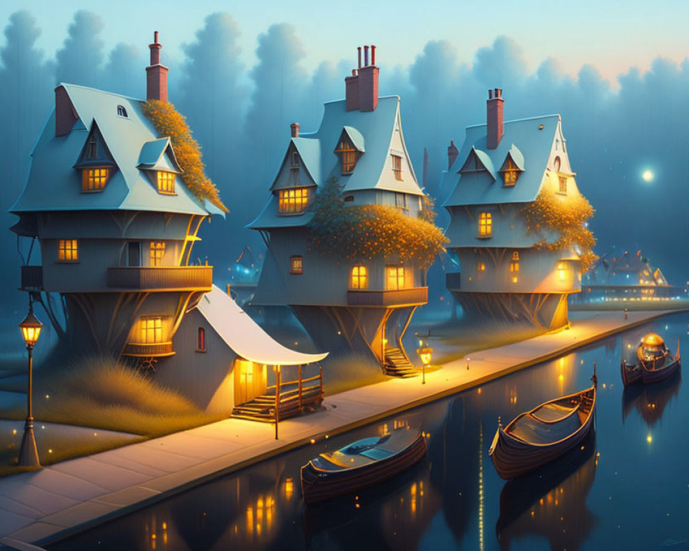 Whimsical canal houses with boats under twilight ambiance