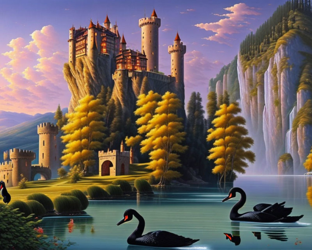 Castle on Cliff Overlooking Lake with Swans and Waterfalls