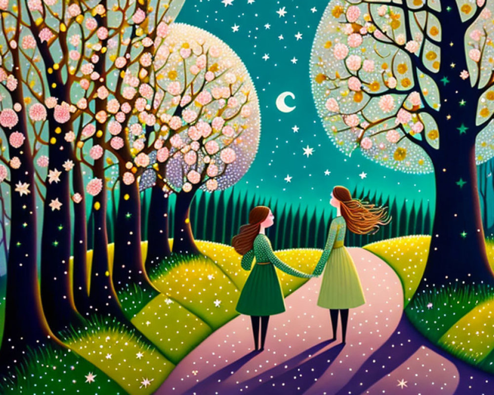 Stylized female figures in dresses on whimsical path under starry sky