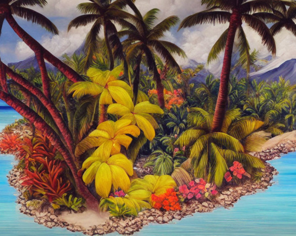 Tropical beachscape painting with palm trees, volcano, and blue sea