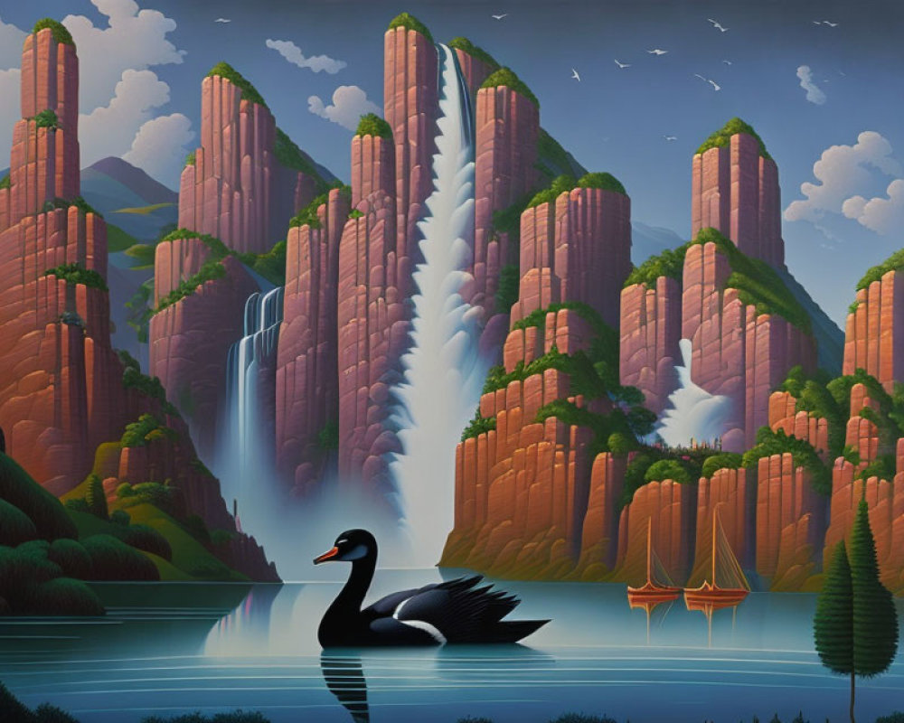 Artwork of black swan in serene lake with waterfalls, greenery, cliffs, and flying