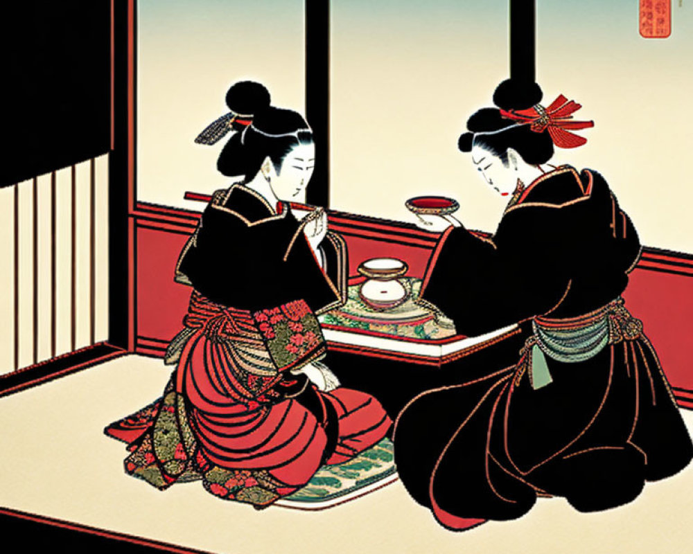 Traditional Japanese tea ceremony with two women in minimalistic attire on tatami mats