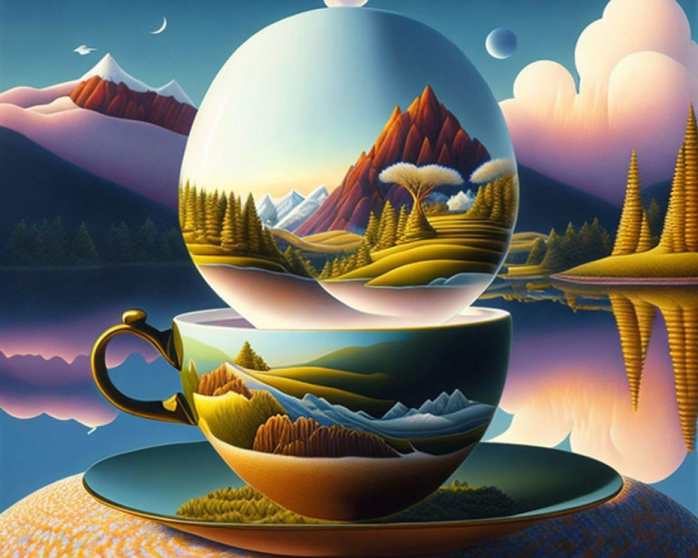 Surreal artwork: Cup and saucer with landscape scene blending under dusk sky.