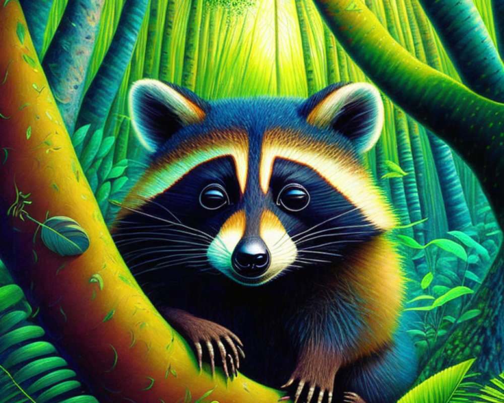 Colorful Illustration: Raccoon in Green Forest Setting