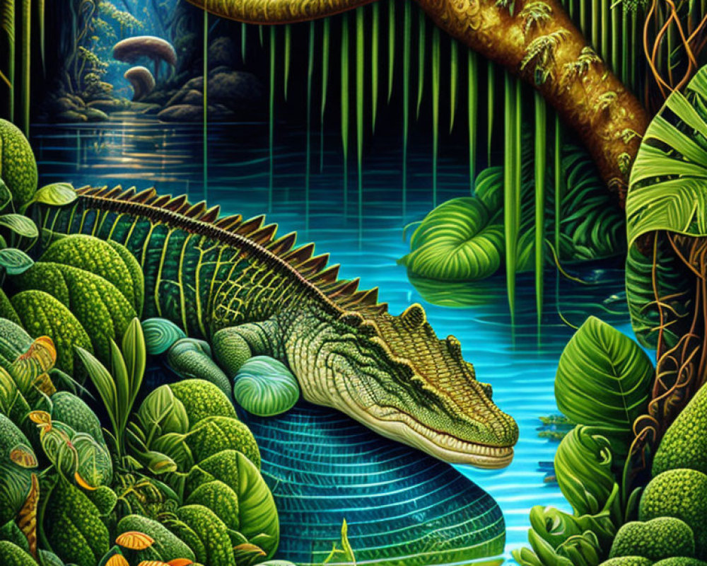 Detailed painting of a colorful crocodile in lush tropical setting