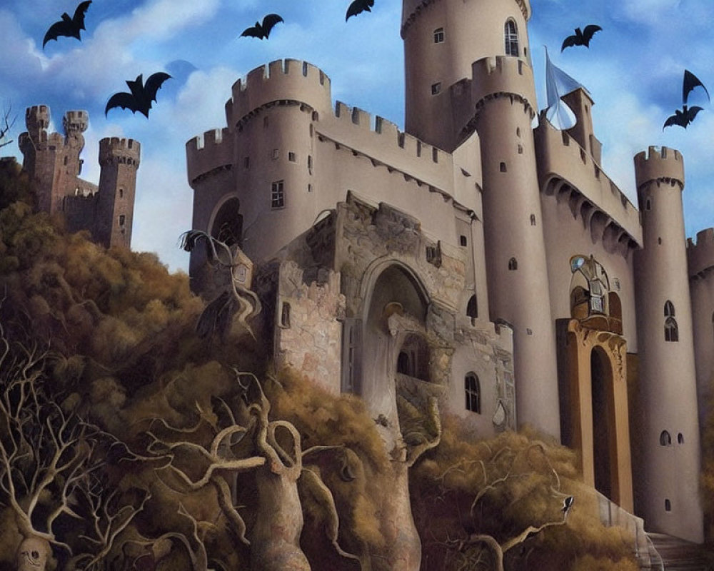 Gothic castle with turrets, dusky sky, gnarled trees, and flying bats