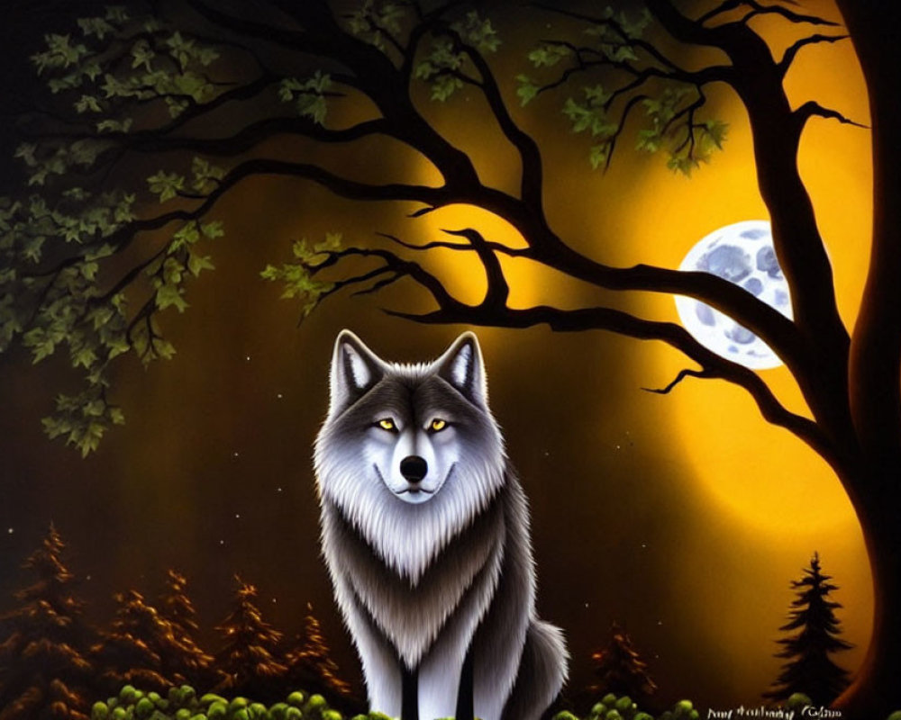 Illustration of grey wolf under full moon with silhouetted trees