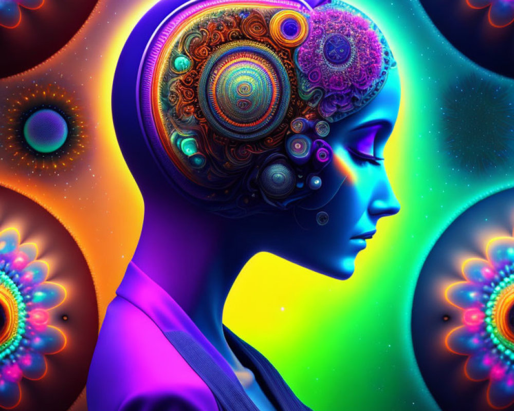 Colorful digital artwork: Woman's profile with mechanical brain in cosmic setting