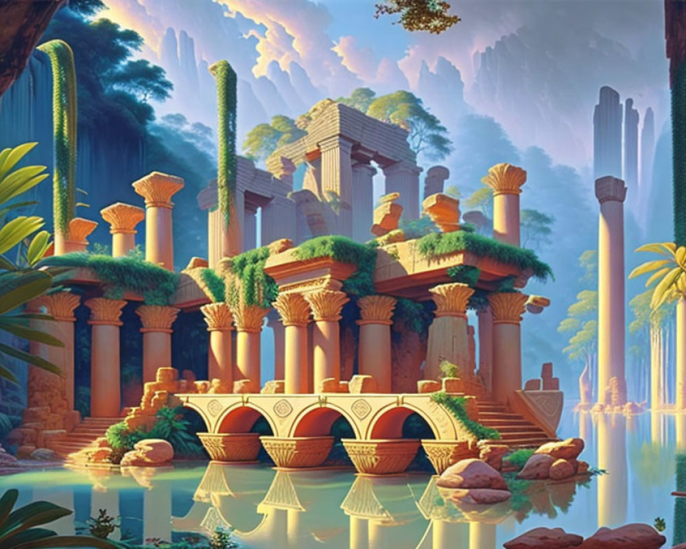 Mystical fantasy landscape with ancient ruins and serene river