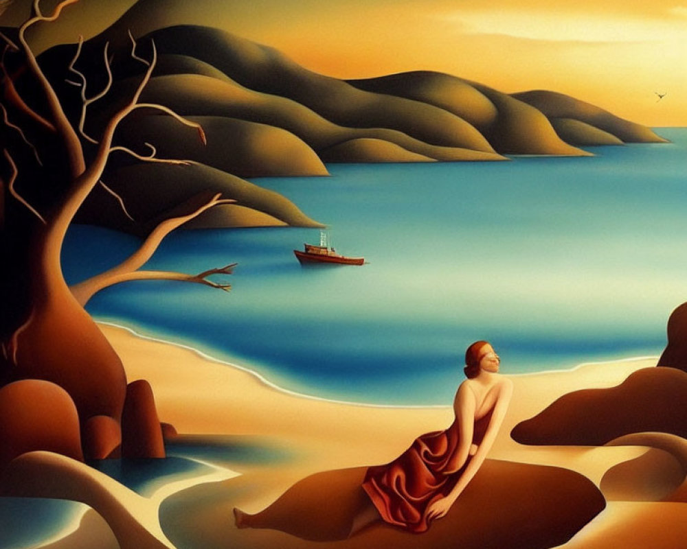 Surreal landscape with woman, boat, hills, and sunset sky