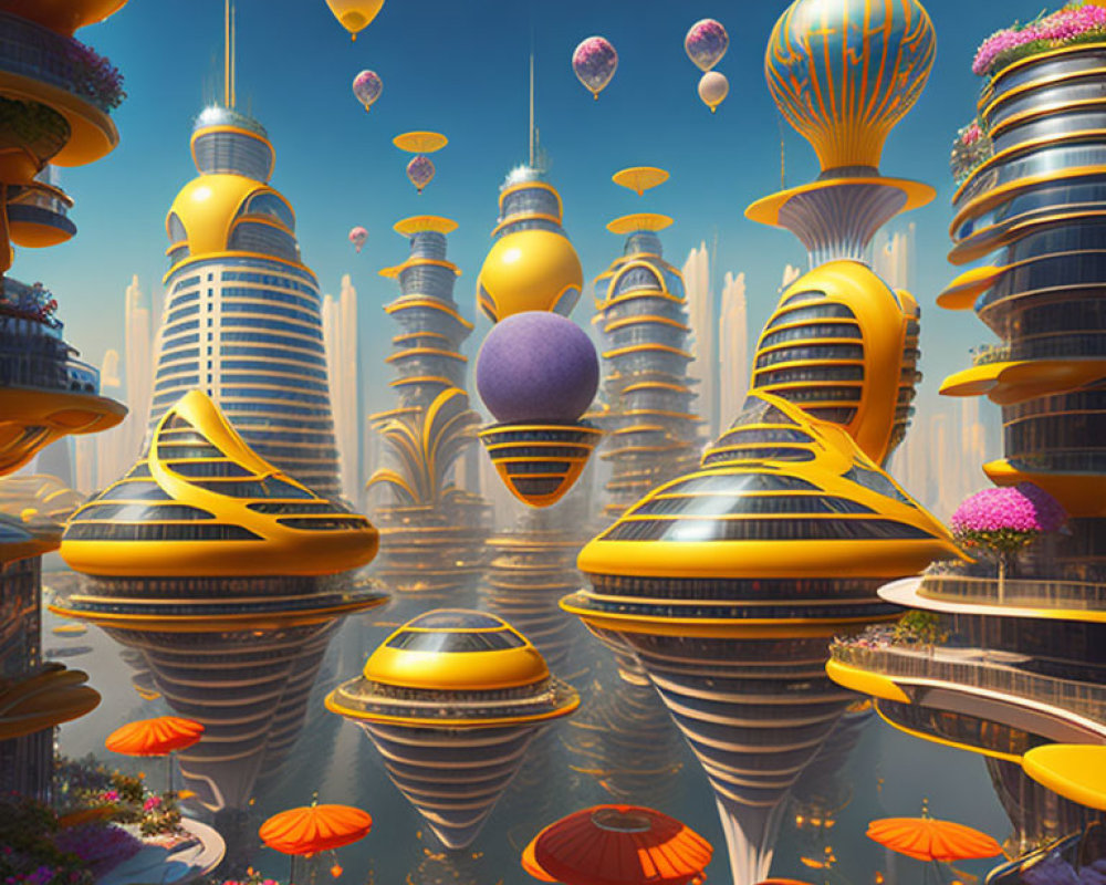 Golden skyscrapers and flying balloons in futuristic cityscape.