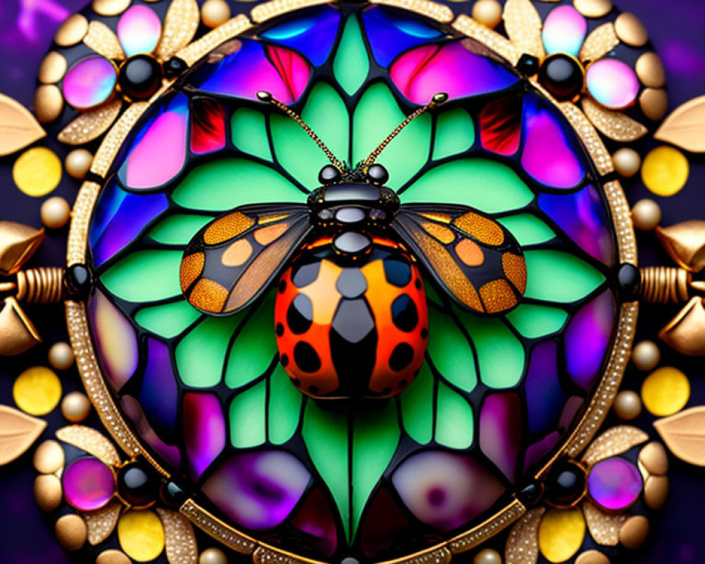 Symmetrical jewel-toned ladybug digital artwork with stained glass floral motifs