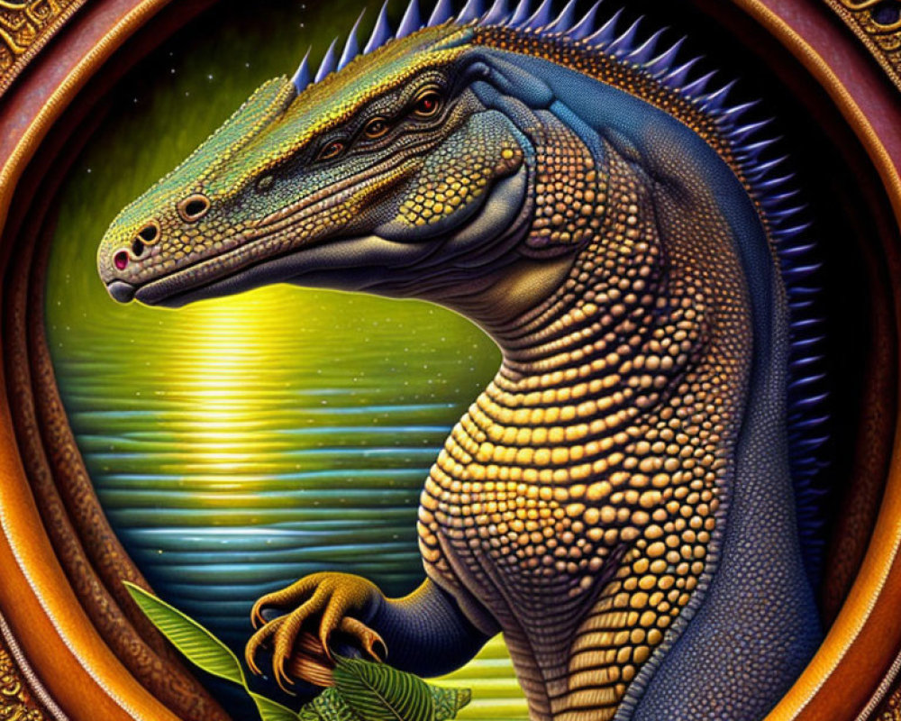 Detailed Velociraptor Artwork: Blue & Gold Stylized Design in Ornate Circular Frame