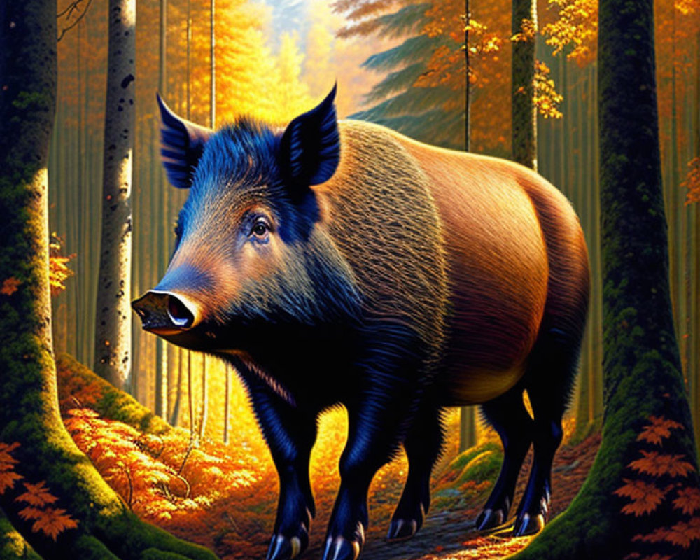 Stylized large wild boar in vibrant autumn forest