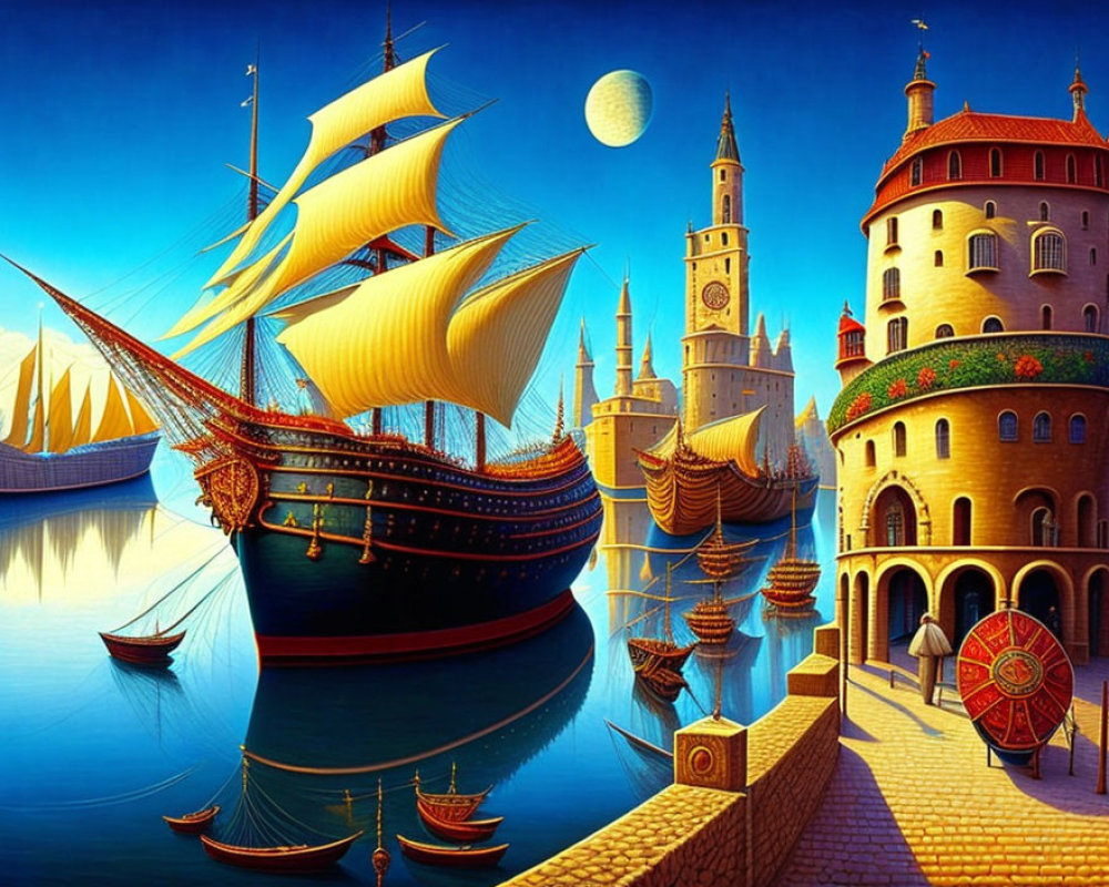 Vibrant painting of large sailing ship at quay with castle-like buildings under moon