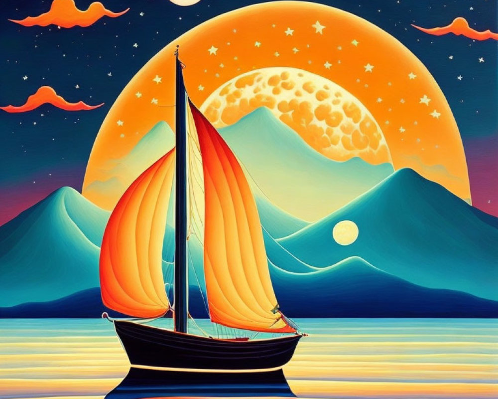 Surreal sailboat artwork with mountains, moon, and colorful sky