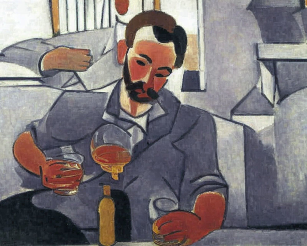 Cubist style portrait of a man with beard at table