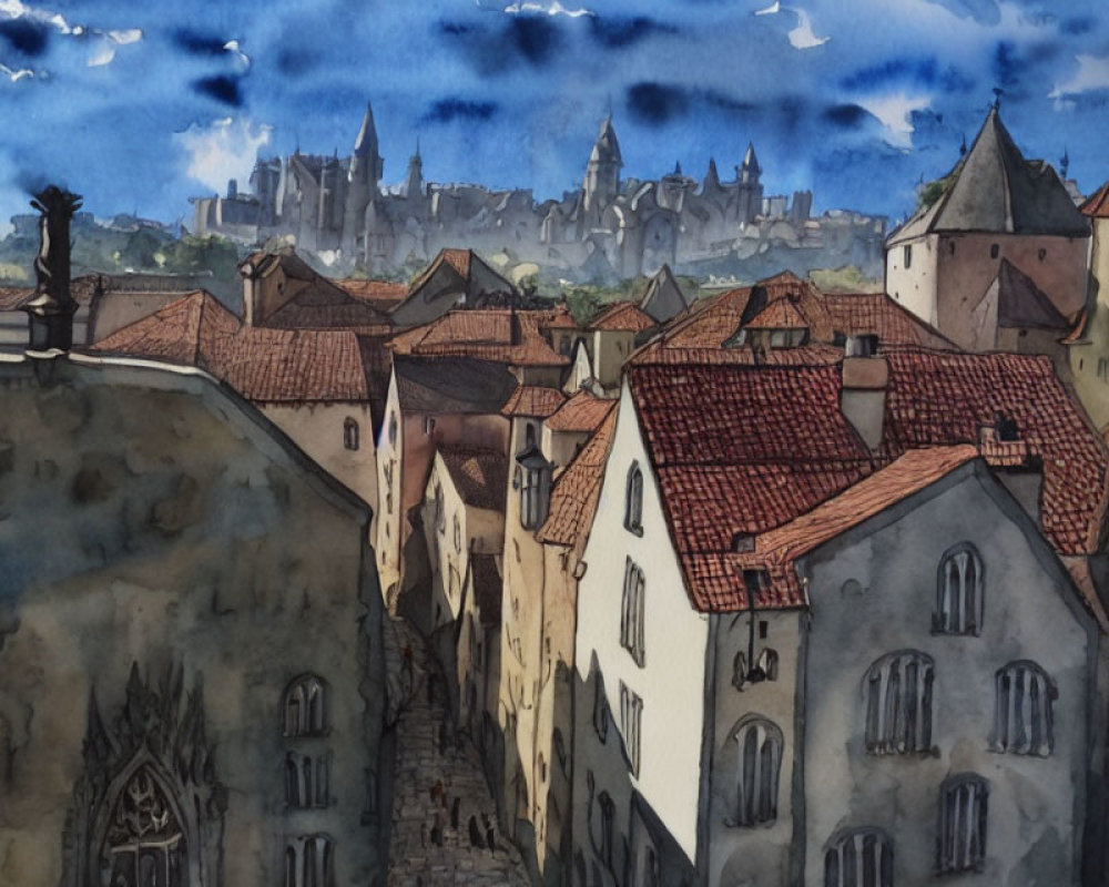 Medieval town watercolor: terracotta roofs, cobbled streets, distant castle, dramatic sky