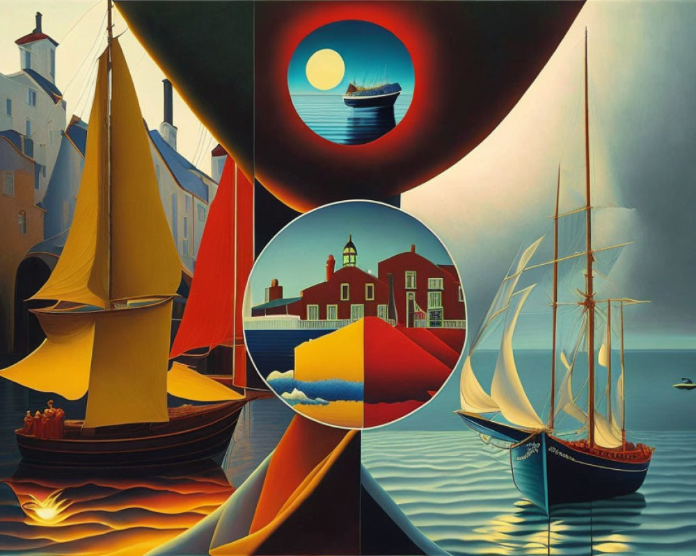 Vibrant boats and lighthouse in surreal maritime scene