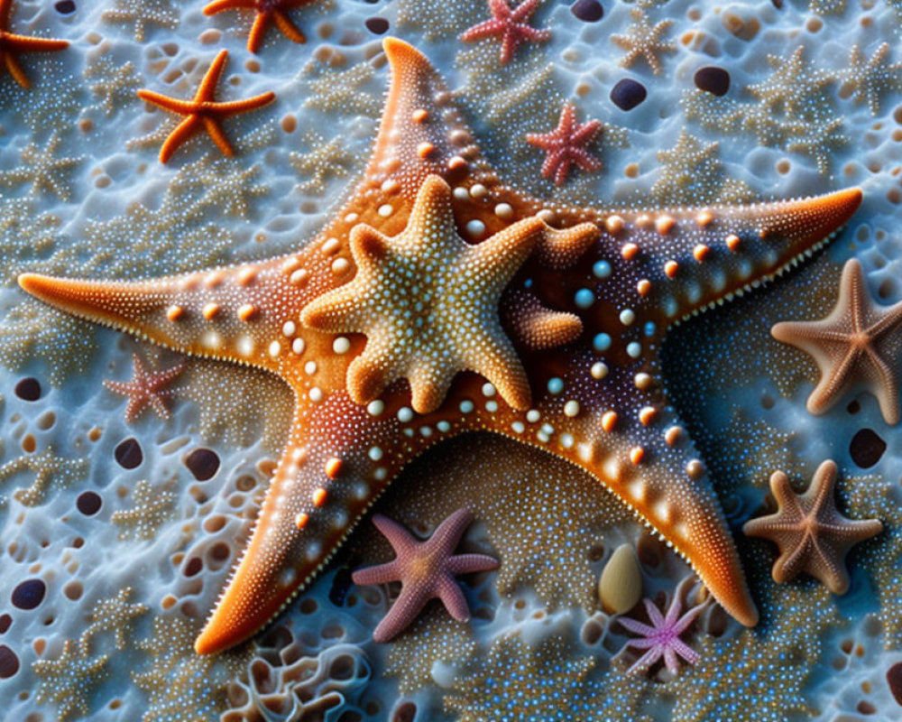 Vibrant Starfish on Textured Seabed with Pebbles