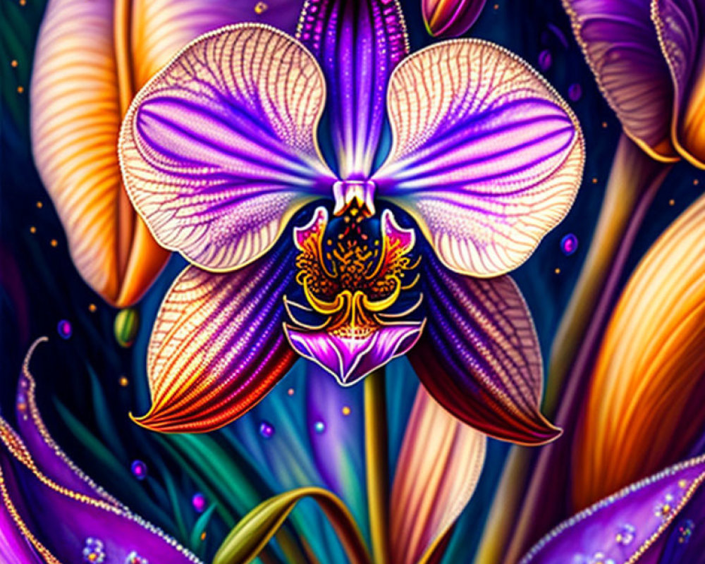Detailed Purple Orchid Digital Illustration with Vibrant Orange Center