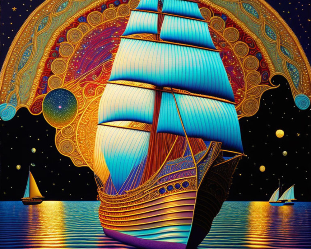 Detailed Illustration of Colorful Sailing Ship at Night
