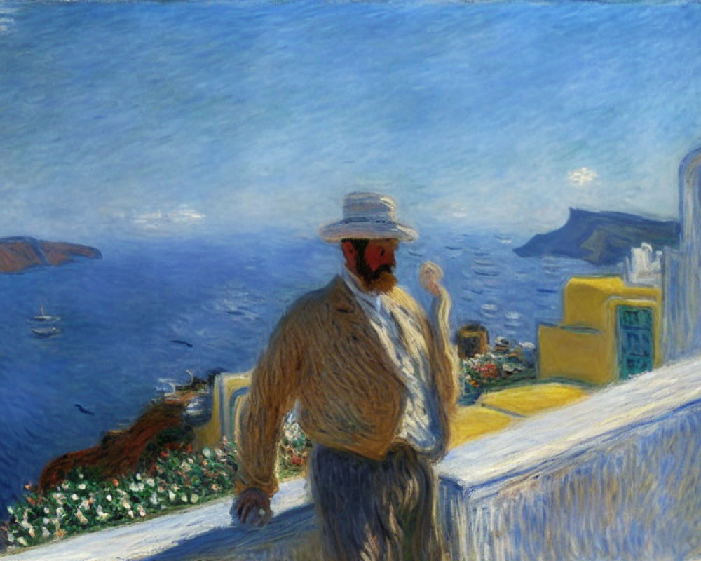 Bearded man in straw hat overlooking blue seascape with boats and coastline.