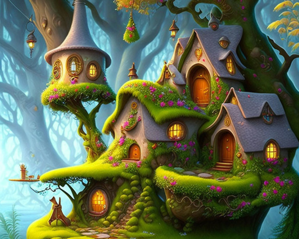 Enchanting tree with whimsical houses and glowing windows