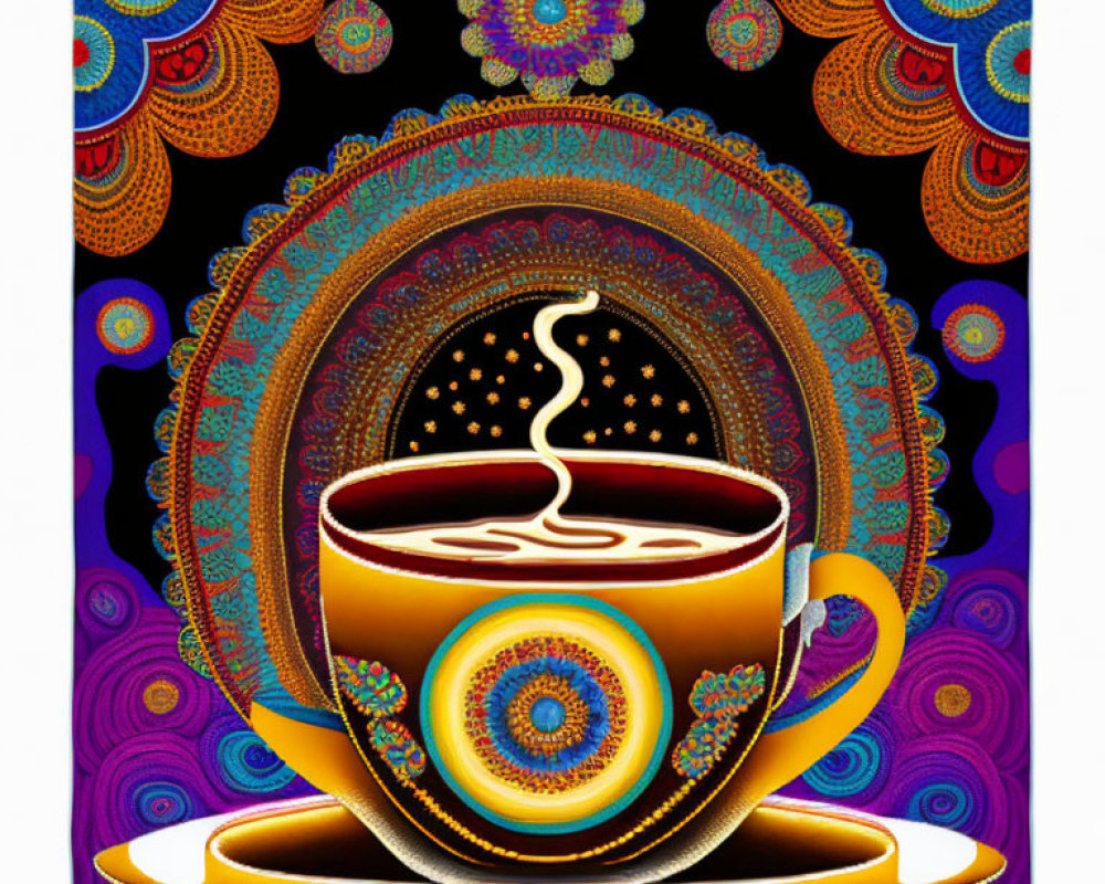 Colorful digital artwork: Steaming coffee cup on ornate blue background