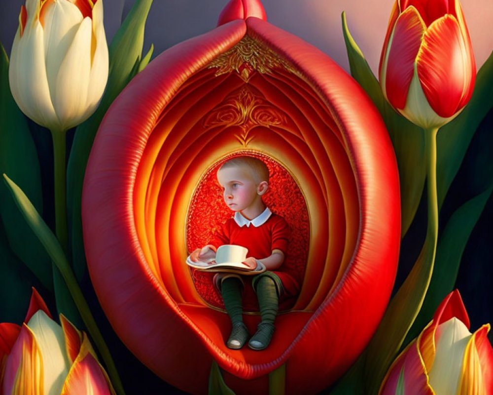 Child reading in oversized red tulip surrounded by flowers at dusk