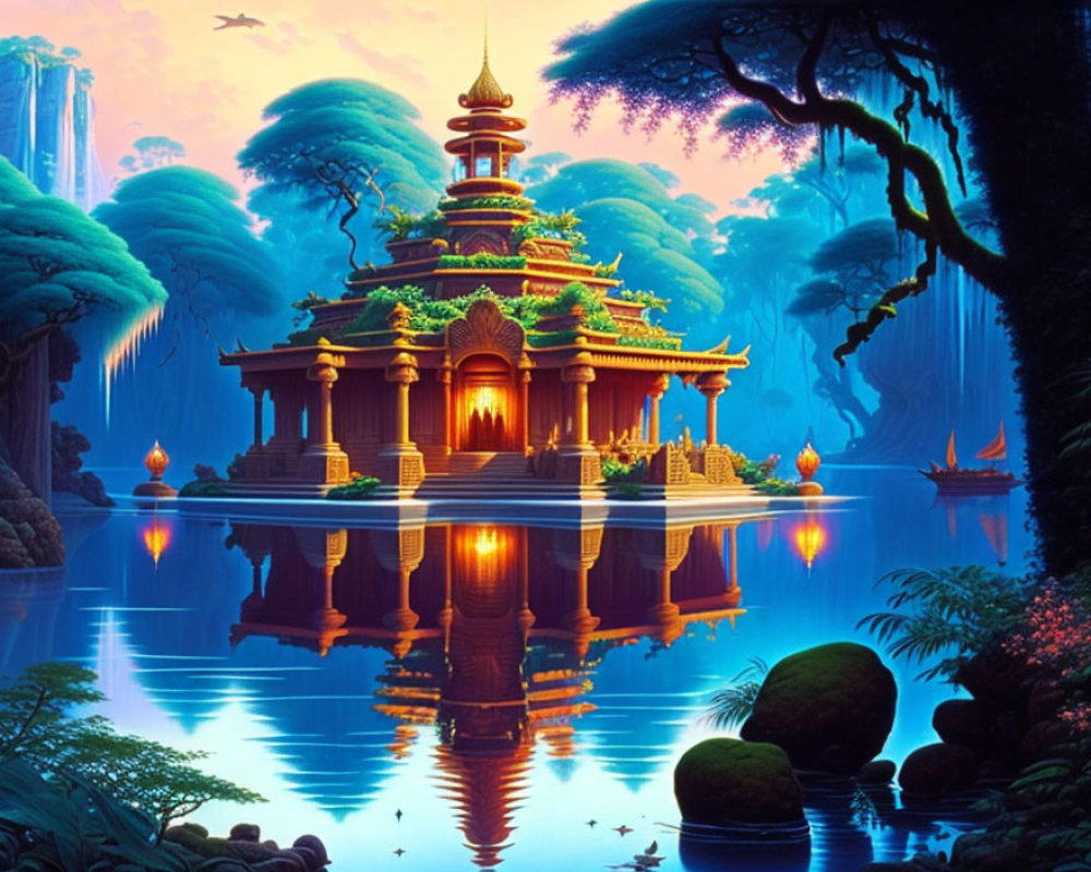 Vividly colored digital artwork of a fantastical temple in mystical forest