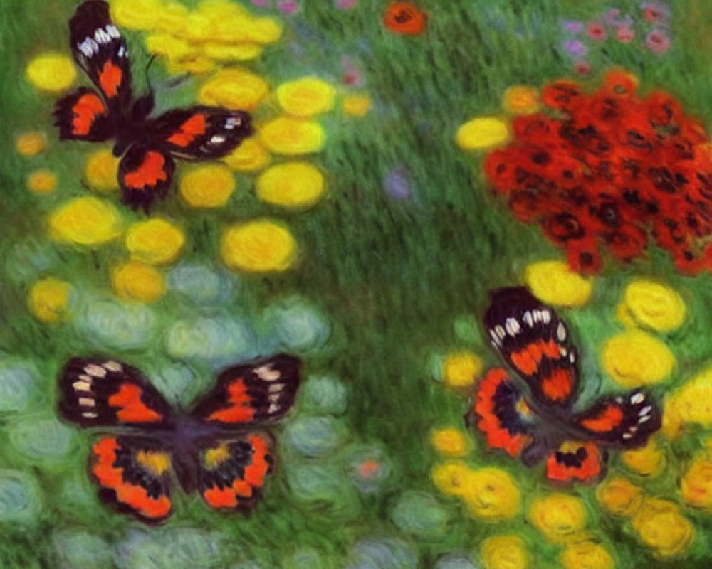 Impressionist Painting: Red and Black Butterflies in Yellow Flower Field
