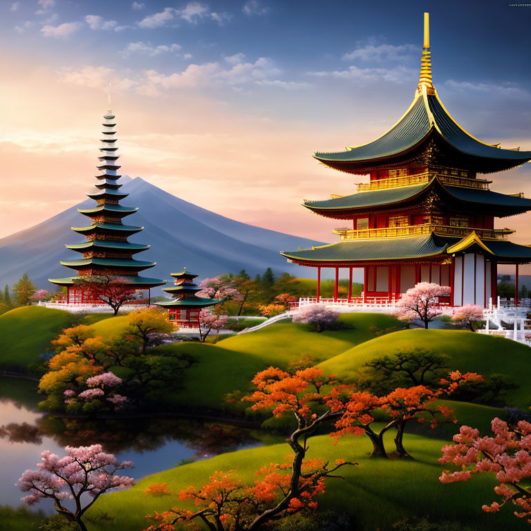 Traditional Japanese pagoda with Mount Fuji and cherry blossoms in scenic landscape.