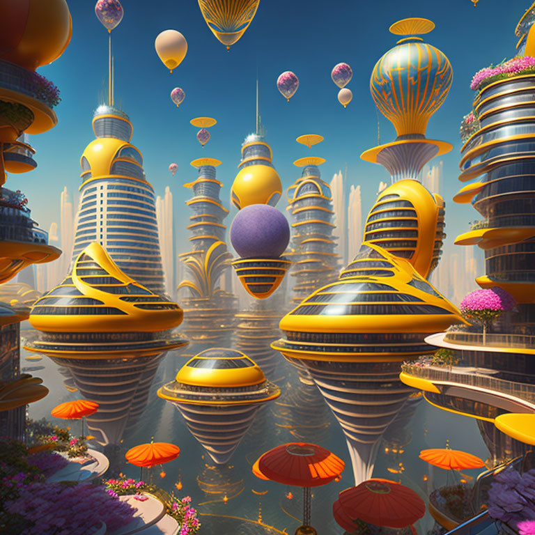 Golden skyscrapers and flying balloons in futuristic cityscape.