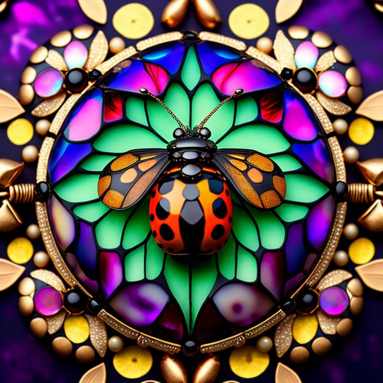 Symmetrical jewel-toned ladybug digital artwork with stained glass floral motifs