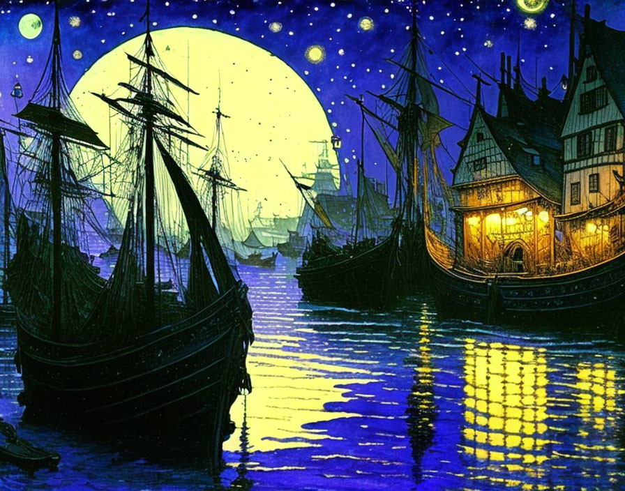 A harbor in moonlight
