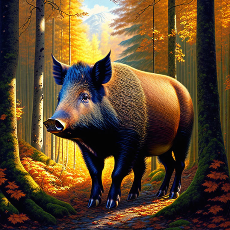 Stylized large wild boar in vibrant autumn forest