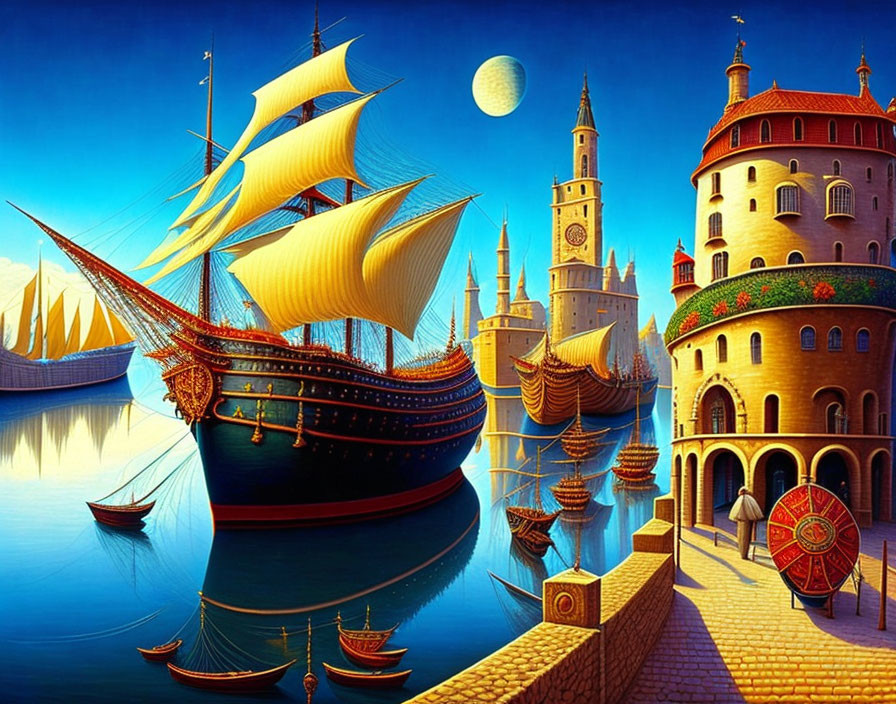 Vibrant painting of large sailing ship at quay with castle-like buildings under moon