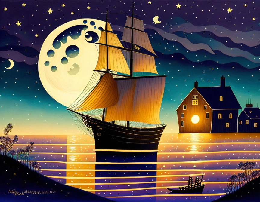 Stylized ship sailing at night with crescent moon and stars