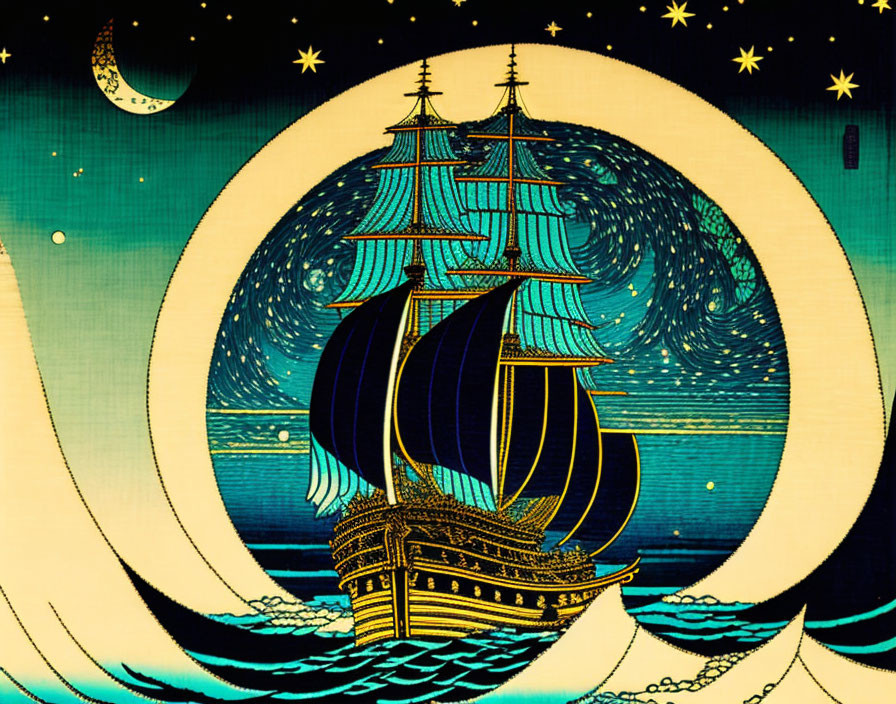 Stylized image of grand ship sailing at night with crescent moon and stars.