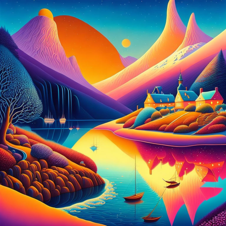Surreal landscape with castle, boats, colorful hills, and moons
