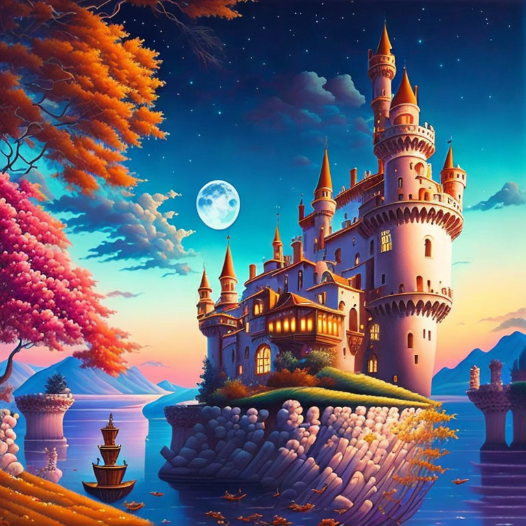 Majestic castle at twilight with full moon, autumn trees, serene lake
