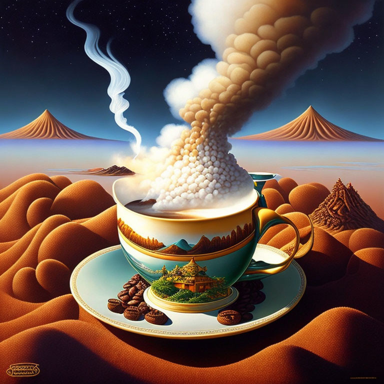 Surreal artwork: large coffee cup in sandy dunes with cream eruption