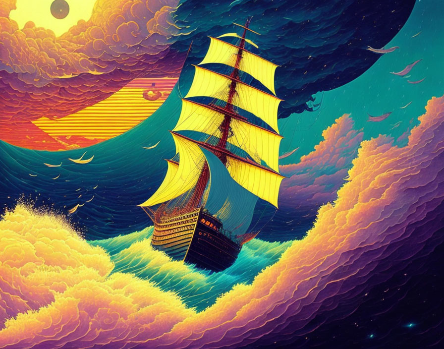 Colorful Tall Ship Sailing Through Stylized Waves at Sunset