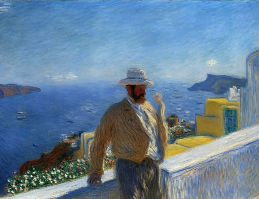 Bearded man in straw hat overlooking blue seascape with boats and coastline.