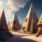 Fictional street scene with pyramid-like buildings, people, and vibrant sunset sky